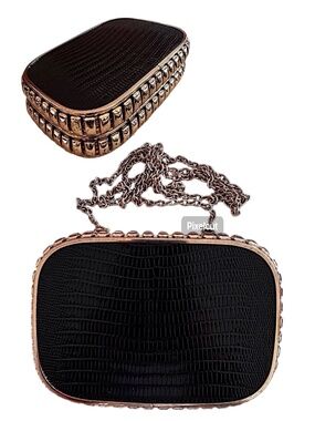 Violet Ray Black Gold Croc Boxed Clutch Purse Evening Bag Crossbody Chain Small